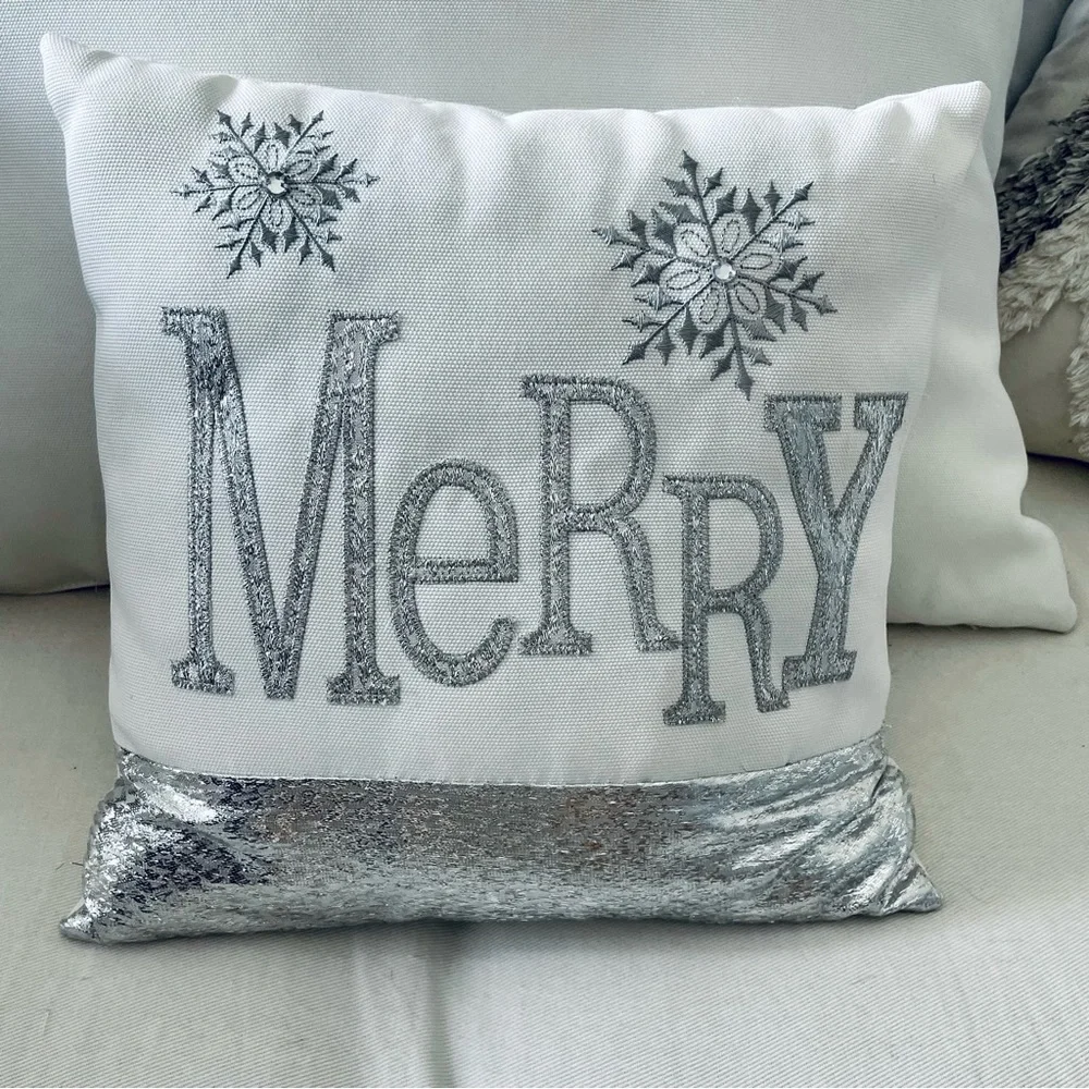 “Merry” silver metallic embroidered on white snowflake holiday Christmas pillow